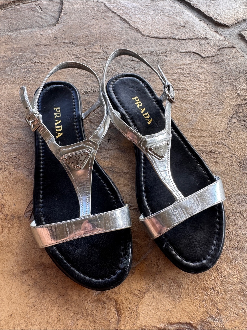Prada Silver Metallic T-Strap Flat Sandals Triangle Logo Size 39